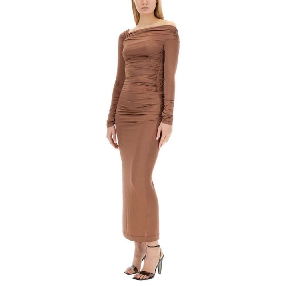 HELMUT LANG Asymmetrical Ruched Maxi Dress Women Beige Dresses - Picture 2 of 4